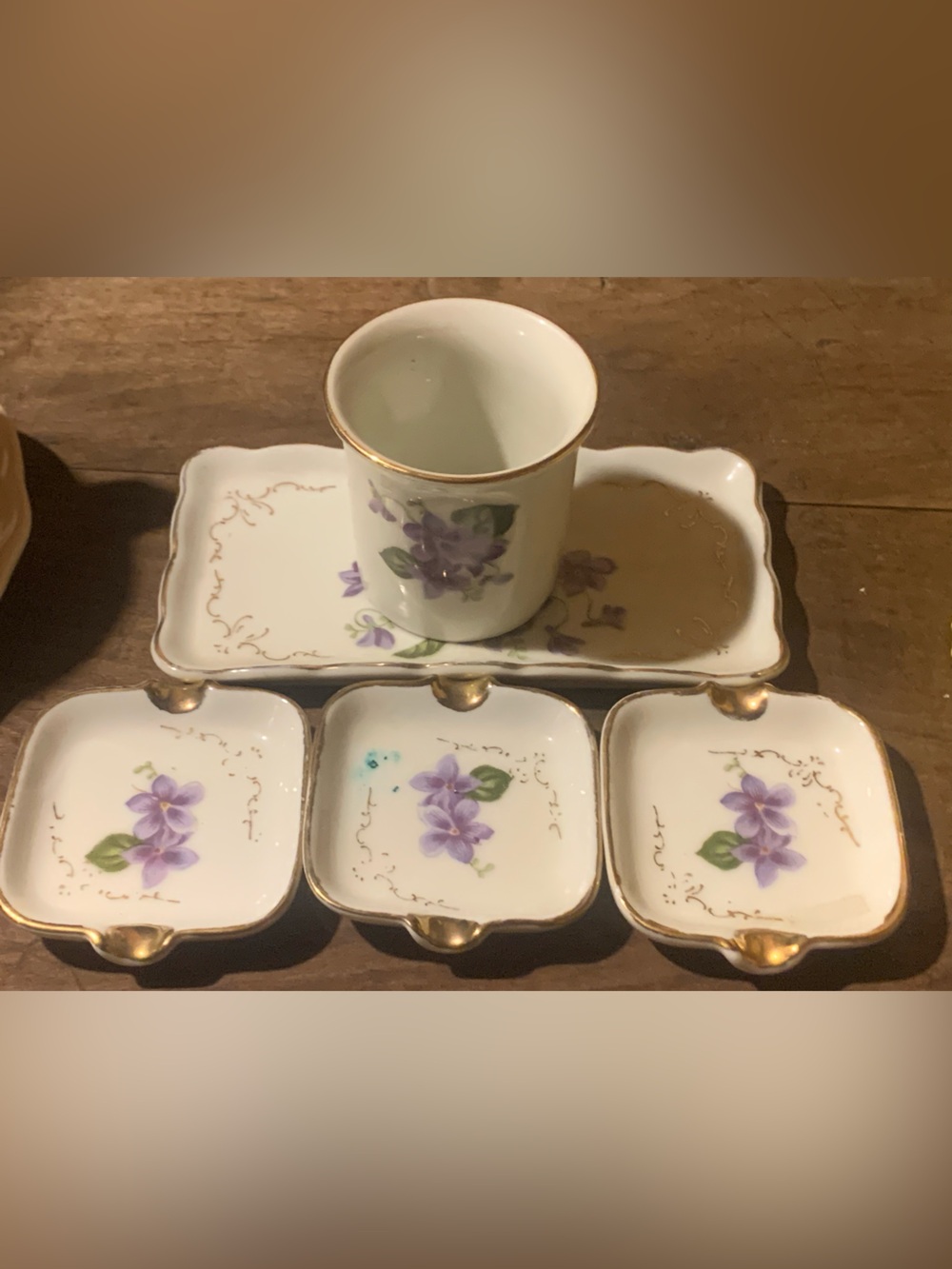 Porcelain Violet Floral dressing Set with Gold Trim